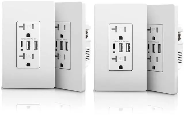 Main image of Wall Outlet with USB Ports, 3-Port USB C Outlet, 30W 6.0A Electrical USB Outlet, 20Amp USB Outlet Receptacle, Tamper Resistant in-Wall Charger, Screwless Outlet Cover, UL Listed, 4-Pack, White