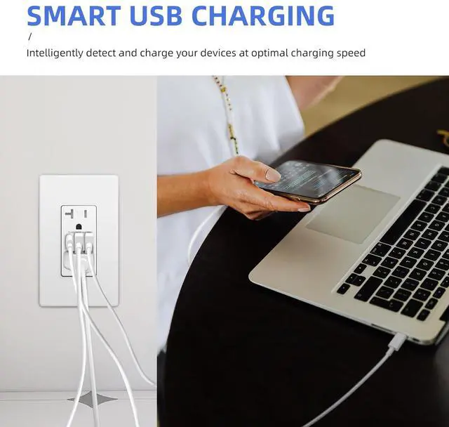 Alt view image 3 of 7 - Wall Outlet with USB Ports, 3-Port USB C Outlet, 30W 6.0A Electrical USB Outlet, 20Amp USB Outlet Receptacle, Tamper Resistant in-Wall Charger, Screwless Outlet Cover, UL Listed, 4-Pack, White