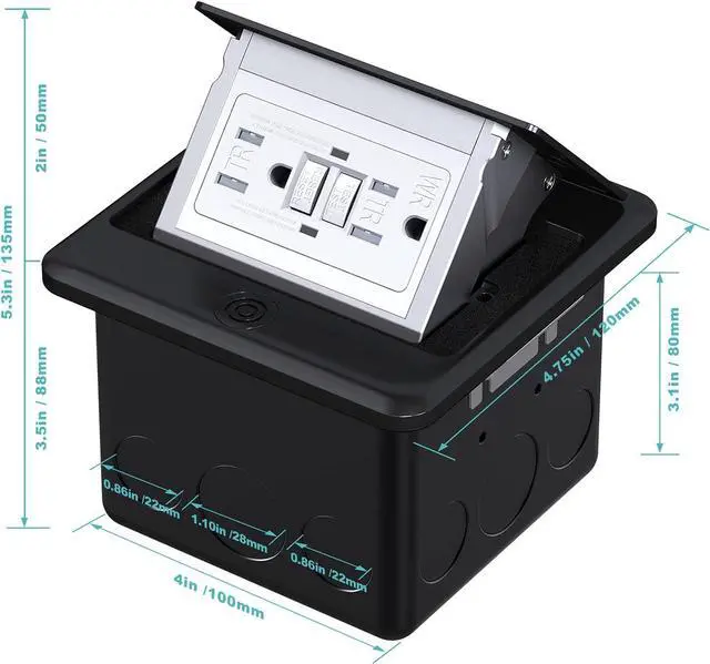 Alt view image 3 of 7 - Pop Up Floor Outlet Covers Box with 15 Amp Stainless Steel GFCI Tamper Resistant Rceptacle Outlet, ETL Listed, Black