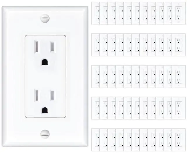 Main image of 50 Pack Wall Outlet, 15 Amp Outlets, UL Listed, Tamper Resistant Standard Electrical Outlet, Decorator Receptacle with Wall Plate, Suitable for Home and Business, 125V/1875W, White
