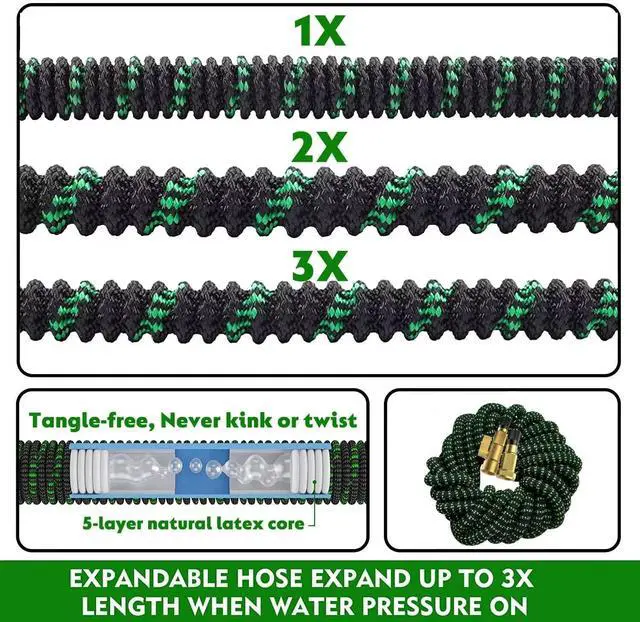Alt view image 3 of 7 - 100ft Expandable Garden Hose w/10 Function Nozzle Sprayer, Lightweight Flexible Water Hose with Durable Collapsible Latex Core & Solid Brass Fittings, 100ft Retractable Stretch Hose(Black Rose Gold)