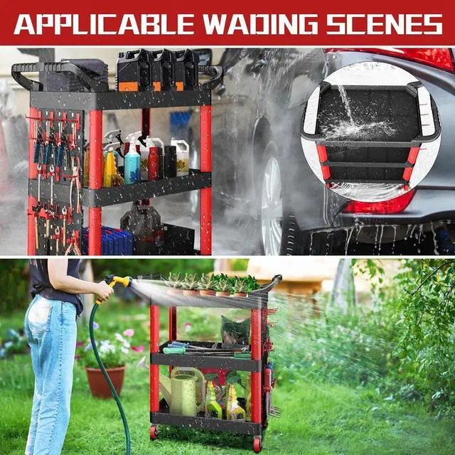 Alt view image 3 of 7 - 39" H Rolling Utility Cart | 3-Tier Utility Cart on Wheels | Mechanic Rolling Tool Cart on Wheels | Detailing Carts | Work Carts for Garages,Warehouses,Repair Shops | with Pegboard | 440 Lbs