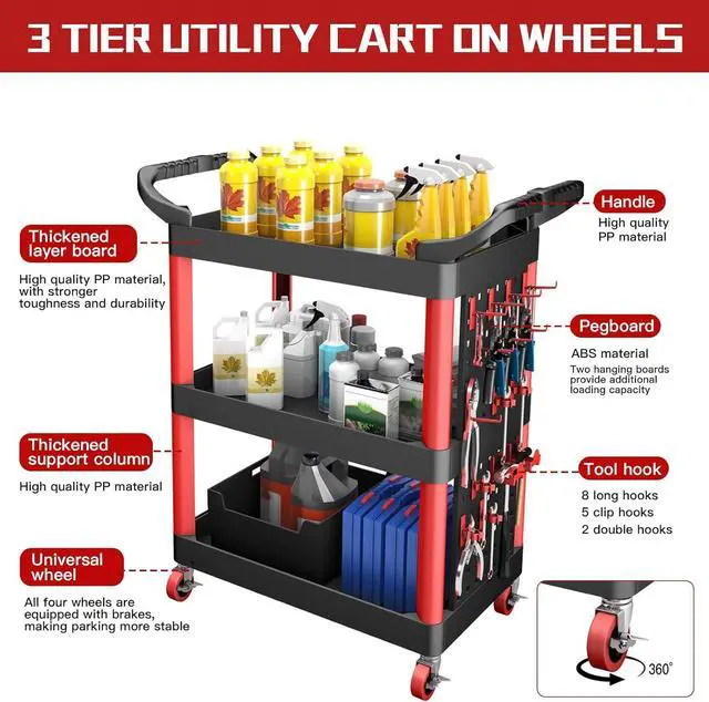 Alt view image 4 of 7 - 39" H Rolling Utility Cart | 3-Tier Utility Cart on Wheels | Mechanic Rolling Tool Cart on Wheels | Detailing Carts | Work Carts for Garages,Warehouses,Repair Shops | with Pegboard | 440 Lbs