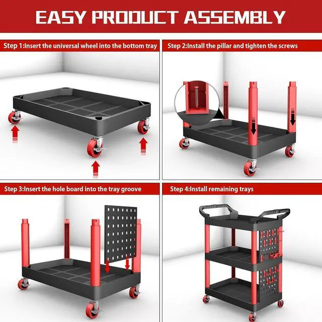 Alt view image 5 of 7 - 39" H Rolling Utility Cart | 3-Tier Utility Cart on Wheels | Mechanic Rolling Tool Cart on Wheels | Detailing Carts | Work Carts for Garages,Warehouses,Repair Shops | with Pegboard | 440 Lbs