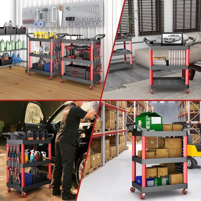 Alt view image 6 of 7 - 39" H Rolling Utility Cart | 3-Tier Utility Cart on Wheels | Mechanic Rolling Tool Cart on Wheels | Detailing Carts | Work Carts for Garages,Warehouses,Repair Shops | with Pegboard | 440 Lbs