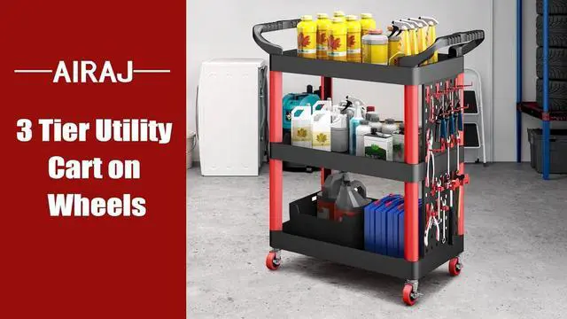 Alt view image 7 of 7 - 39" H Rolling Utility Cart | 3-Tier Utility Cart on Wheels | Mechanic Rolling Tool Cart on Wheels | Detailing Carts | Work Carts for Garages,Warehouses,Repair Shops | with Pegboard | 440 Lbs