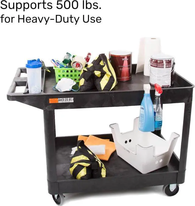 Alt view image 3 of 7 - Tubstr Extra Large Two-Shelf Utility Cart with Wheels | 500 lb. Capacity Rolling Utility & Tool Cart for Warehouses, Industrial Settings, Auto Garages, & More (Black, 45.5 x 24.5)