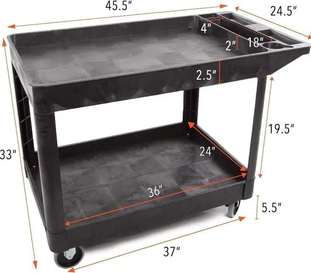 Alt view image 6 of 7 - Tubstr Extra Large Two-Shelf Utility Cart with Wheels | 500 lb. Capacity Rolling Utility & Tool Cart for Warehouses, Industrial Settings, Auto Garages, & More (Black, 45.5 x 24.5)