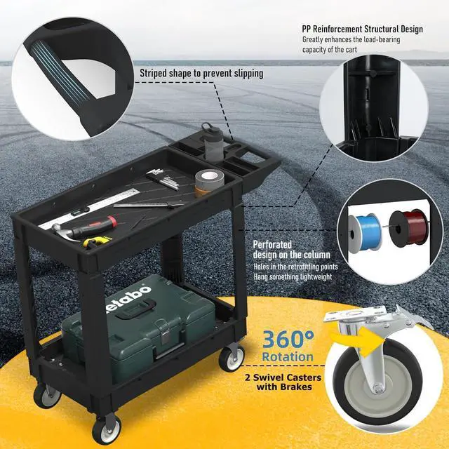 Alt view image 4 of 7 - Utility Rolling Tool Cart, 40 x 17-Inch Plastic Rolling Carts Huge Storage W/Deep 2-Shelf Heavy Duty Service Carts with Wheels,550 lbs Capacity Organizer for Garage,Warehouse,Workshop-Medium