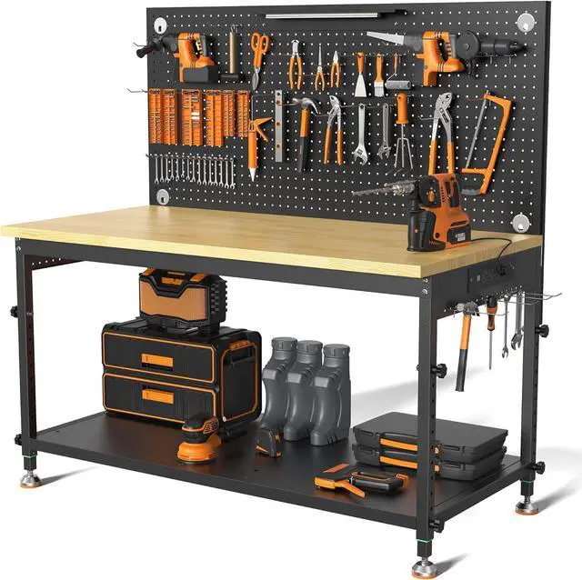 Main image of 48" Heavy Duty Work Bench Adjustable Height Max Load 2000 LBS with Storage Shelf for Garage Workbench, Rubberwood Tabletop with Pegboard, LED Light, Built-in Power Strip for Woodworking Shop