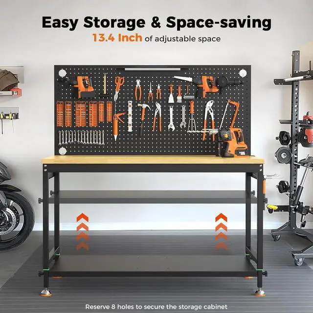 Alt view image 7 of 7 - 48" Heavy Duty Work Bench Adjustable Height Max Load 2000 LBS with Storage Shelf for Garage Workbench, Rubberwood Tabletop with Pegboard, LED Light, Built-in Power Strip for Woodworking Shop