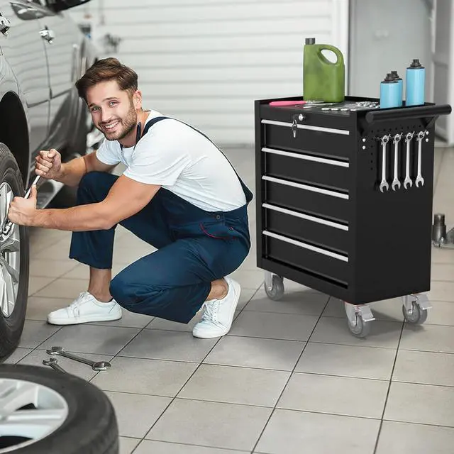 Alt view image 2 of 7 - 5-Drawer Rolling Tool Chest, Tool Box with 4 Wheels and Drawers, High Capacity Detachable Mobile Tool Storage Cabinet for Garage, Workshop, Mechanics and Repair Room (Black)