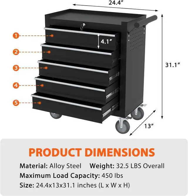 Alt view image 3 of 7 - 5-Drawer Rolling Tool Chest, Tool Box with 4 Wheels and Drawers, High Capacity Detachable Mobile Tool Storage Cabinet for Garage, Workshop, Mechanics and Repair Room (Black)