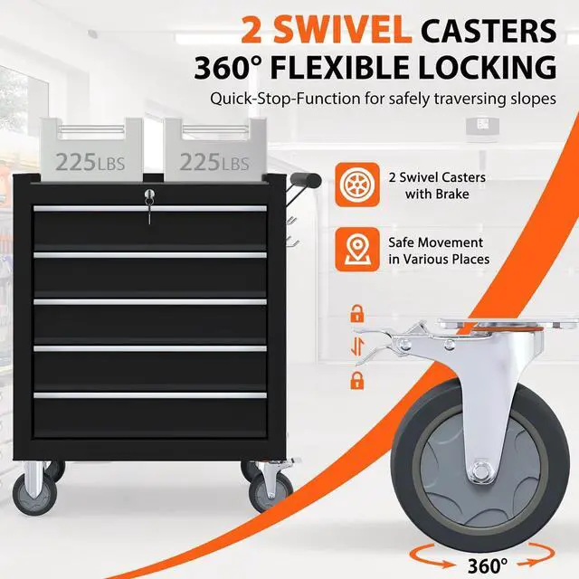 Alt view image 5 of 7 - 5-Drawer Rolling Tool Chest, Tool Box with 4 Wheels and Drawers, High Capacity Detachable Mobile Tool Storage Cabinet for Garage, Workshop, Mechanics and Repair Room (Black)