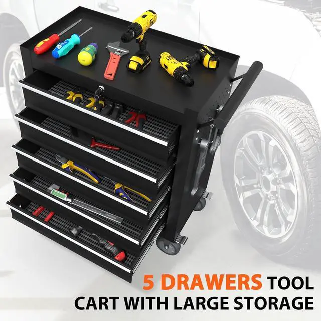 Alt view image 6 of 7 - 5-Drawer Rolling Tool Chest, Tool Box with 4 Wheels and Drawers, High Capacity Detachable Mobile Tool Storage Cabinet for Garage, Workshop, Mechanics and Repair Room (Black)
