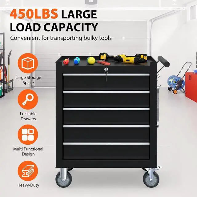 Alt view image 4 of 7 - 5-Drawer Rolling Tool Chest, Tool Box with 4 Wheels and Drawers, High Capacity Detachable Mobile Tool Storage Cabinet for Garage, Workshop, Mechanics and Repair Room (Black)