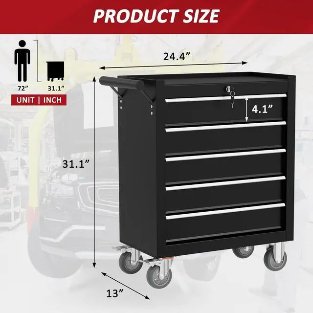 Alt view image 2 of 7 - 5-Drawers Rolling Tool Chest, Tool Chest with Wheels and Drawers, Rolling Box with Locking System, Tool Box with Wheels for Garage, Warehouse, Workshop (Black, 5 Drawers)