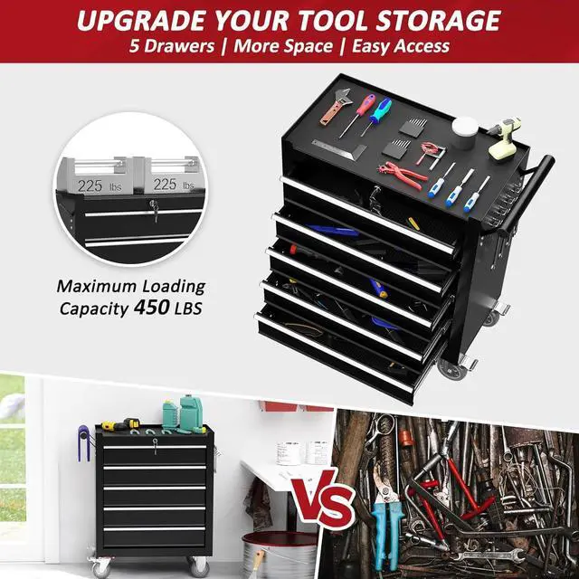 Alt view image 3 of 7 - 5-Drawers Rolling Tool Chest, Tool Chest with Wheels and Drawers, Rolling Box with Locking System, Tool Box with Wheels for Garage, Warehouse, Workshop (Black, 5 Drawers)