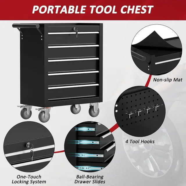 Alt view image 5 of 7 - 5-Drawers Rolling Tool Chest, Tool Chest with Wheels and Drawers, Rolling Box with Locking System, Tool Box with Wheels for Garage, Warehouse, Workshop (Black, 5 Drawers)