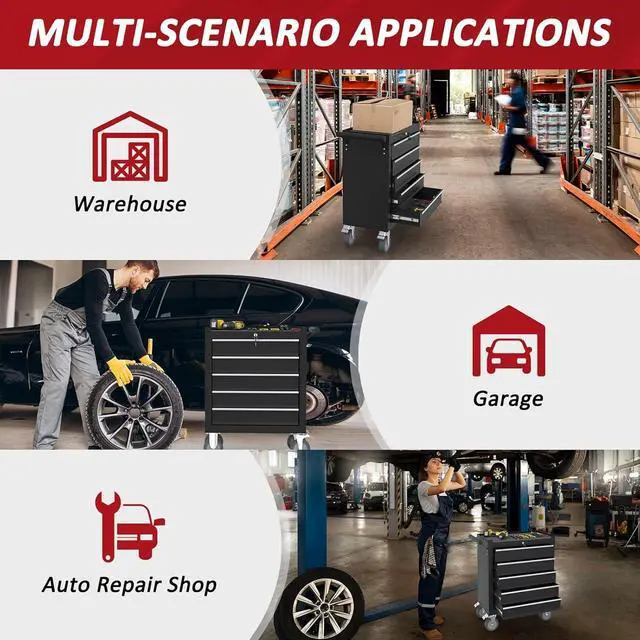 Alt view image 6 of 7 - 5-Drawers Rolling Tool Chest, Tool Chest with Wheels and Drawers, Rolling Box with Locking System, Tool Box with Wheels for Garage, Warehouse, Workshop (Black, 5 Drawers)