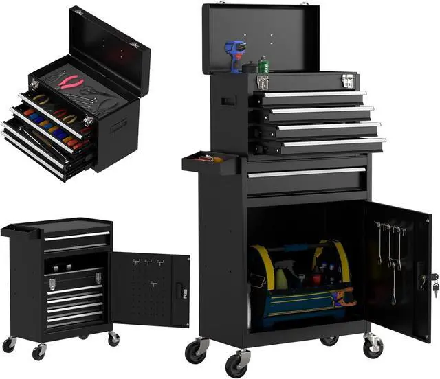 Main image of 5 Drawer Tools Chest, Tool Cabinet with Universal Lockable WheelsTool Box with Detachable Top Box for Workshop(Black)