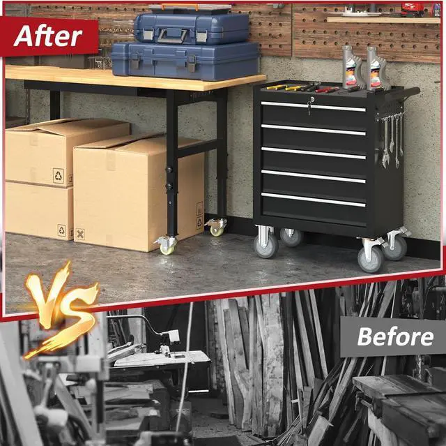 Alt view image 7 of 7 - 5-Drawers Rolling Tool Chest, Tool Chest with Wheels and Drawers, Rolling Box with Locking System, Tool Box with Wheels for Garage, Warehouse, Workshop (Black, 5 Drawers)