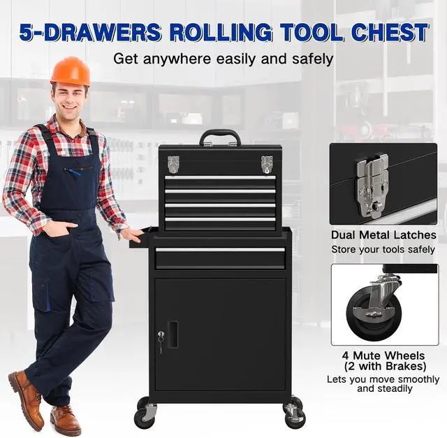 Alt view image 4 of 7 - 5 Drawer Tools Chest, Tool Cabinet with Universal Lockable WheelsTool Box with Detachable Top Box for Workshop(Black)