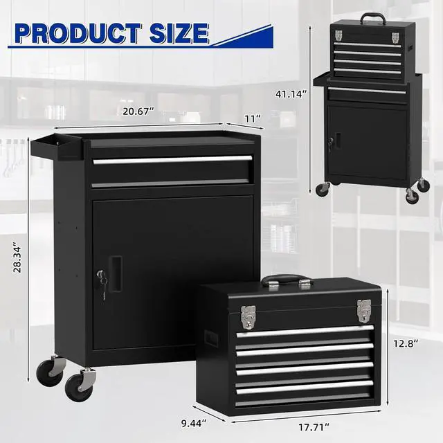 Alt view image 3 of 7 - 5 Drawer Tools Chest, Tool Cabinet with Universal Lockable WheelsTool Box with Detachable Top Box for Workshop(Black)