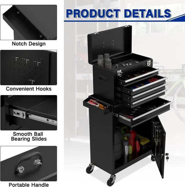 Alt view image 5 of 7 - 5 Drawer Tools Chest, Tool Cabinet with Universal Lockable WheelsTool Box with Detachable Top Box for Workshop(Black)