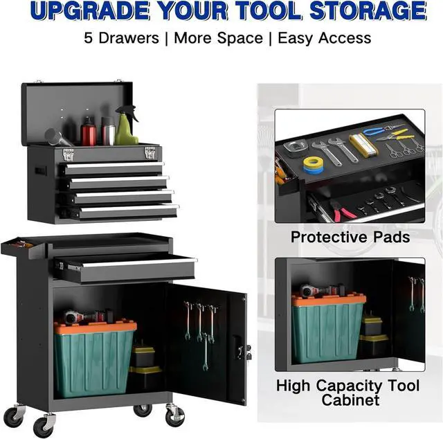 Alt view image 6 of 7 - 5 Drawer Tools Chest, Tool Cabinet with Universal Lockable WheelsTool Box with Detachable Top Box for Workshop(Black)