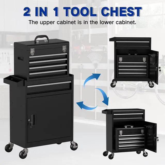 Alt view image 7 of 7 - 5 Drawer Tools Chest, Tool Cabinet with Universal Lockable WheelsTool Box with Detachable Top Box for Workshop(Black)