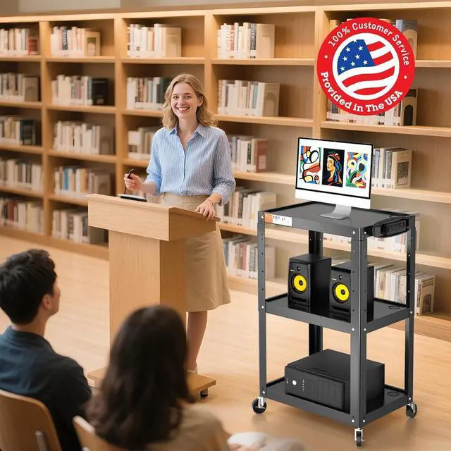 Alt view image 2 of 7 - 3 Shelf Metal Utility Cart with Wheels & Power Strip - Steel Mobile AV Cart for Video Projector, TV, Laptop, Computers, Printers - Height Adjustable Media Carts for Office Classroom Warehouse