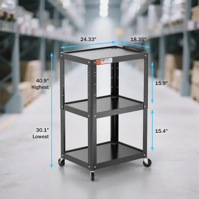 Alt view image 3 of 7 - 3 Shelf Metal Utility Cart with Wheels & Power Strip - Steel Mobile AV Cart for Video Projector, TV, Laptop, Computers, Printers - Height Adjustable Media Carts for Office Classroom Warehouse