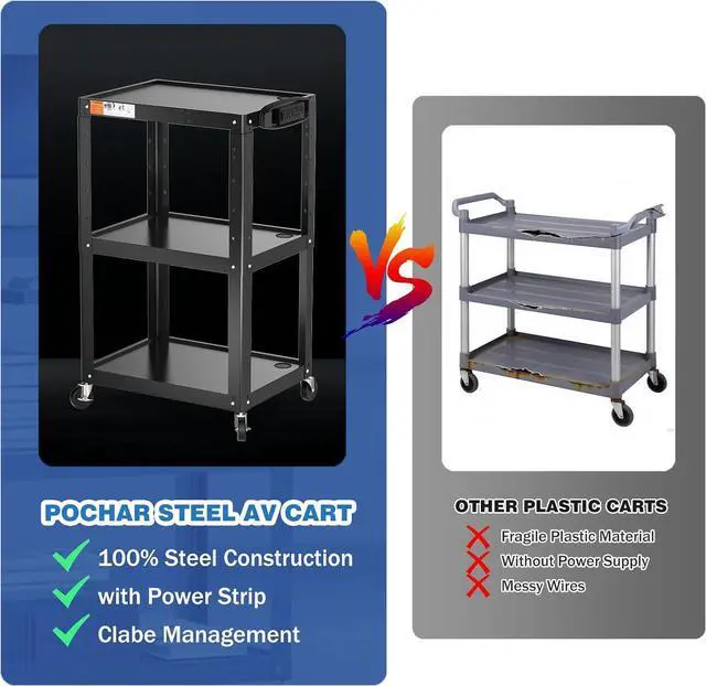 Alt view image 4 of 7 - 3 Shelf Metal Utility Cart with Wheels & Power Strip - Steel Mobile AV Cart for Video Projector, TV, Laptop, Computers, Printers - Height Adjustable Media Carts for Office Classroom Warehouse