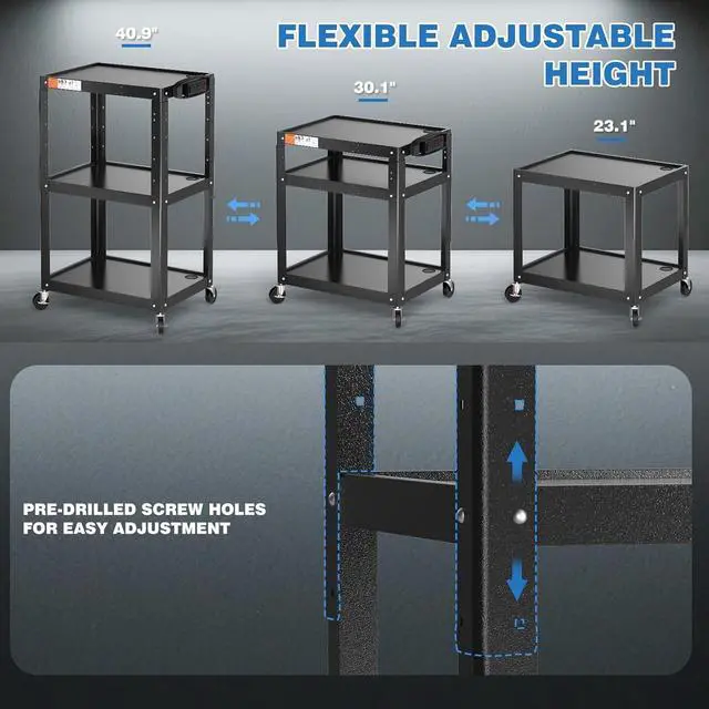 Alt view image 5 of 7 - 3 Shelf Metal Utility Cart with Wheels & Power Strip - Steel Mobile AV Cart for Video Projector, TV, Laptop, Computers, Printers - Height Adjustable Media Carts for Office Classroom Warehouse