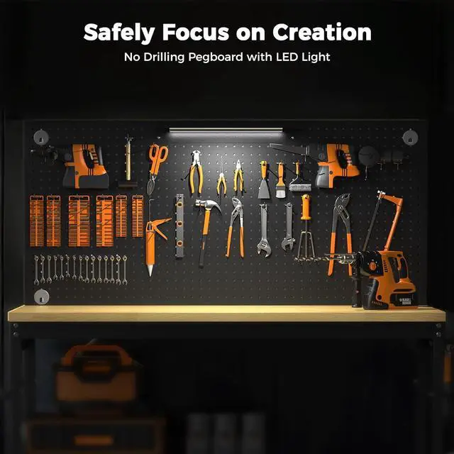 Alt view image 3 of 7 - 48" Heavy Duty Work Bench Adjustable Height Max Load 2000 LBS with Storage Shelf for Garage Workbench, Rubberwood Tabletop with Pegboard, LED Light, Built-in Power Strip for Woodworking Shop