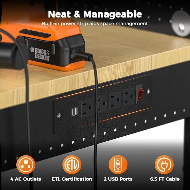 Alt view image 4 of 7 - 48" Heavy Duty Work Bench Adjustable Height Max Load 2000 LBS with Storage Shelf for Garage Workbench, Rubberwood Tabletop with Pegboard, LED Light, Built-in Power Strip for Woodworking Shop
