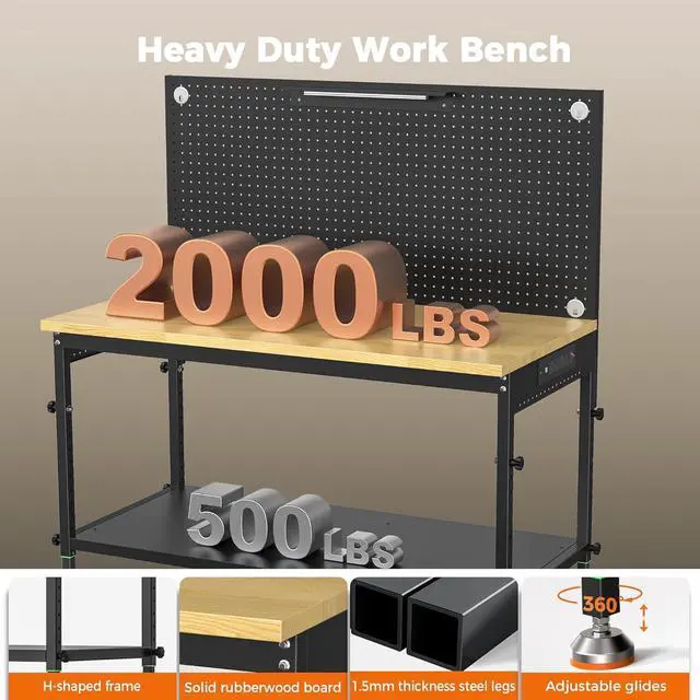 Alt view image 6 of 7 - 48" Heavy Duty Work Bench Adjustable Height Max Load 2000 LBS with Storage Shelf for Garage Workbench, Rubberwood Tabletop with Pegboard, LED Light, Built-in Power Strip for Woodworking Shop