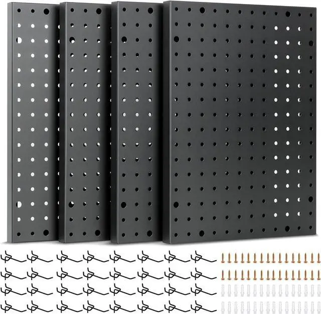 Main image of Heavy Duty 4-Panel Pegboard Wall Organizer & 32 Peg Hooks - Four Black Metal Peg Board Panels for Shops or Warehouse - Garage Tool & Walls Organizer - Modular Complete Kit With Installation Hardware