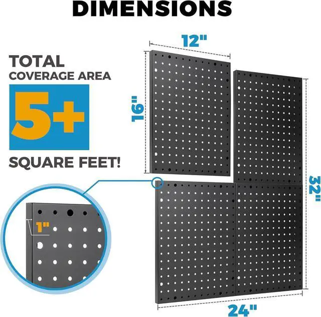 Alt view image 3 of 7 - Heavy Duty 4-Panel Pegboard Wall Organizer & 32 Peg Hooks - Four Black Metal Peg Board Panels for Shops or Warehouse - Garage Tool & Walls Organizer - Modular Complete Kit With Installation Hardware