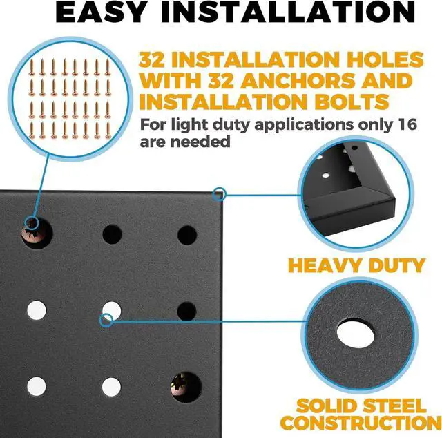Alt view image 5 of 7 - Heavy Duty 4-Panel Pegboard Wall Organizer & 32 Peg Hooks - Four Black Metal Peg Board Panels for Shops or Warehouse - Garage Tool & Walls Organizer - Modular Complete Kit With Installation Hardware