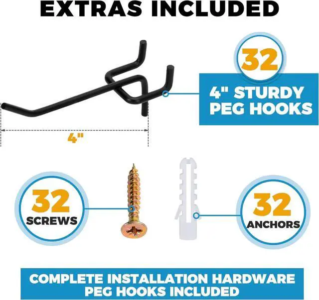 Alt view image 6 of 7 - Heavy Duty 4-Panel Pegboard Wall Organizer & 32 Peg Hooks - Four Black Metal Peg Board Panels for Shops or Warehouse - Garage Tool & Walls Organizer - Modular Complete Kit With Installation Hardware