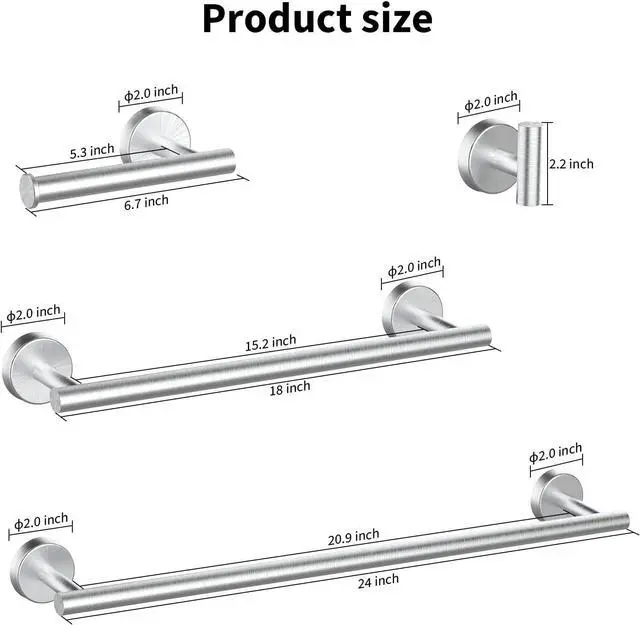 Alt view image 6 of 7 - 10Pcs Brushed Nickel Bathroom Hardware Set - Includes 24&18inch Towel Bar, Robe Hook, Toilet Paper Holder, 2 Pack 5 Piece Bathroom Accessories Set Stainless Steel Wall Mounted