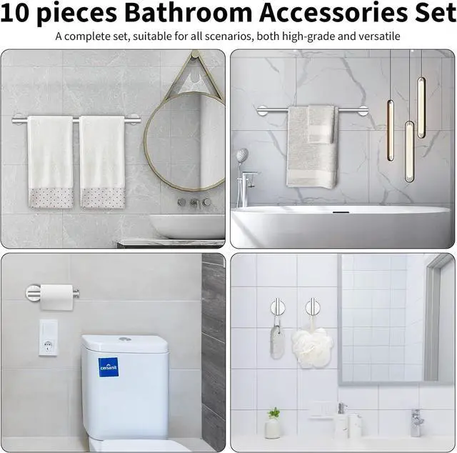 Alt view image 7 of 7 - 10Pcs Brushed Nickel Bathroom Hardware Set - Includes 24&18inch Towel Bar, Robe Hook, Toilet Paper Holder, 2 Pack 5 Piece Bathroom Accessories Set Stainless Steel Wall Mounted
