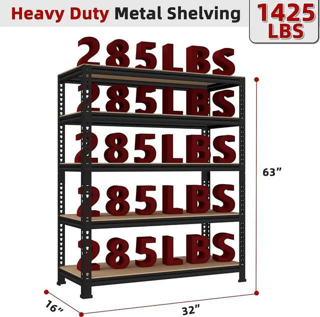 Alt view image 3 of 7 - 5 Tier Garage Storage Shelves - 32" W x 16" D x 63" H Adjustable Heavy Duty Metal Shelving Unit, Garage Shelving Organizers and Storage Utility Rack for Basement, Pantry, Kitchen, Black