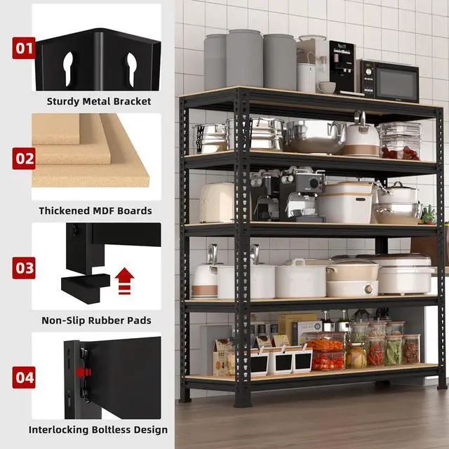 Alt view image 4 of 7 - 5 Tier Garage Storage Shelves - 32" W x 16" D x 63" H Adjustable Heavy Duty Metal Shelving Unit, Garage Shelving Organizers and Storage Utility Rack for Basement, Pantry, Kitchen, Black
