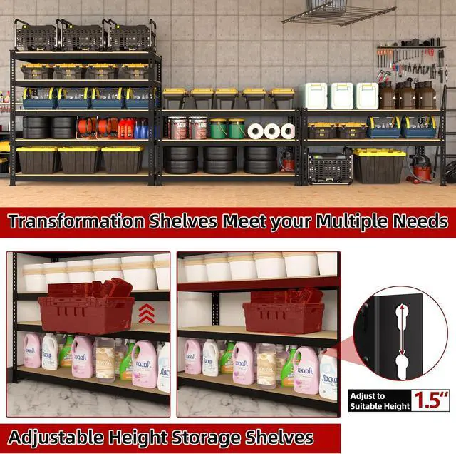 Alt view image 5 of 7 - 5 Tier Garage Storage Shelves - 32" W x 16" D x 63" H Adjustable Heavy Duty Metal Shelving Unit, Garage Shelving Organizers and Storage Utility Rack for Basement, Pantry, Kitchen, Black
