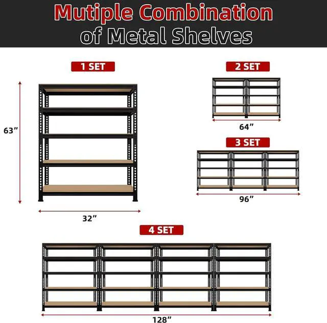 Alt view image 6 of 7 - 5 Tier Garage Storage Shelves - 32" W x 16" D x 63" H Adjustable Heavy Duty Metal Shelving Unit, Garage Shelving Organizers and Storage Utility Rack for Basement, Pantry, Kitchen, Black
