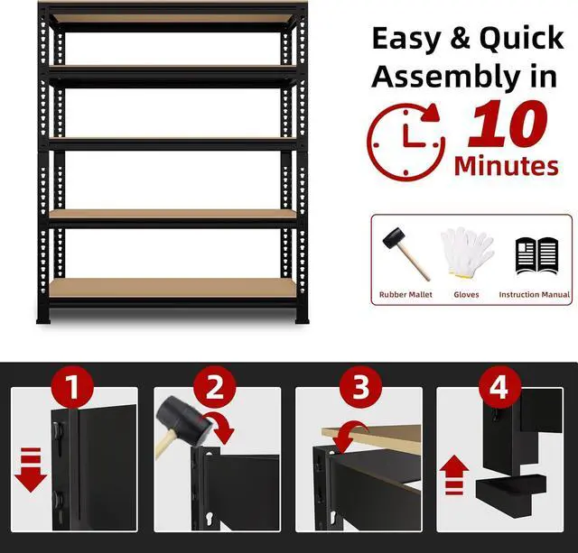 Alt view image 7 of 7 - 5 Tier Garage Storage Shelves - 32" W x 16" D x 63" H Adjustable Heavy Duty Metal Shelving Unit, Garage Shelving Organizers and Storage Utility Rack for Basement, Pantry, Kitchen, Black