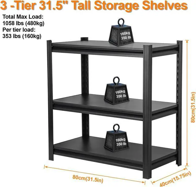 Alt view image 6 of 7 - Black 3-Tier Heavy Duty Steel Shelving Unit, 1000 LBS Capacity Garage Shelving, Adjustable Storage Rack, 31.5" L x15.75 W x31.5 H, Industrial Shelves for Garage, Workshop, Home Organization